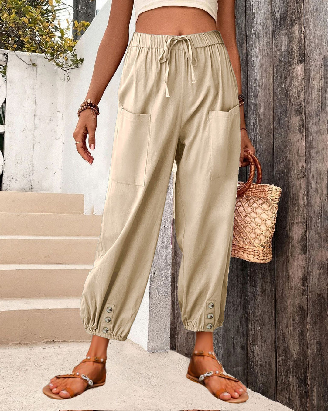 Damen Leinenlook Loungehosen mit hohem elastischem Taillenbund, Kordelzug, aufgesetzten Taschen und geknöpftem Saum Drune