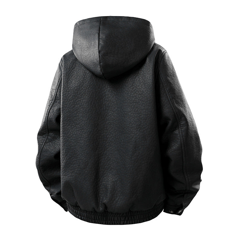 Herren Lederoptik-Blouson mit Kapuze, Teddyfutter und aufgesetzten Fronttaschen Drune