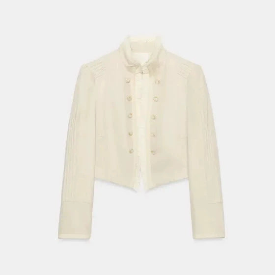 Damen Cropped Militärblouson mit Stehkragen, Zierknopfreihe und plissierten Ärmeln Drune