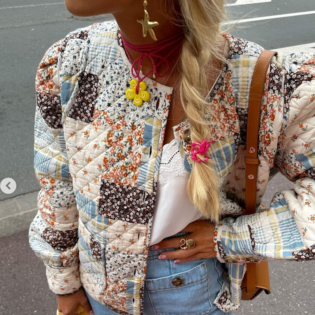 Damen nan gesteppte Kurzjacke im Patchwork-Quiltstil mit Rundhalsausschnitt und aufgesetzten Taschen Drune