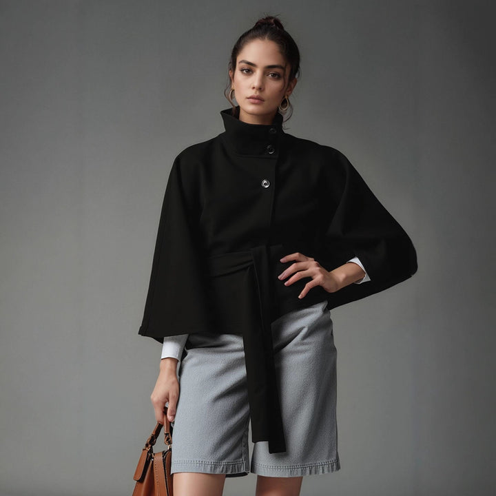 Damen moderne Cape-Jacke mit abnehmbarem Gürtel und hohem Kragen Drune