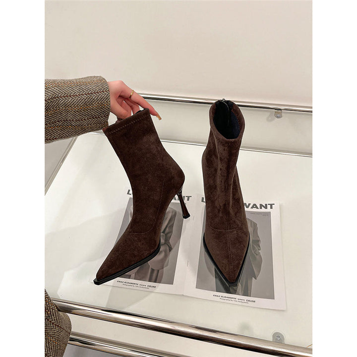 Damen Spitz zulaufende Ankle-Boots aus Veloursoptik mit sockenhaftem Schaft und schlankem Stiletto-Absatz Drune