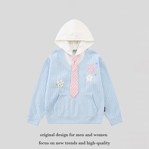 Damen Kapuzenpullover mit V‑Ausschnitt, angenähter Krawatten‑Applikation und Sternpatches Drune
