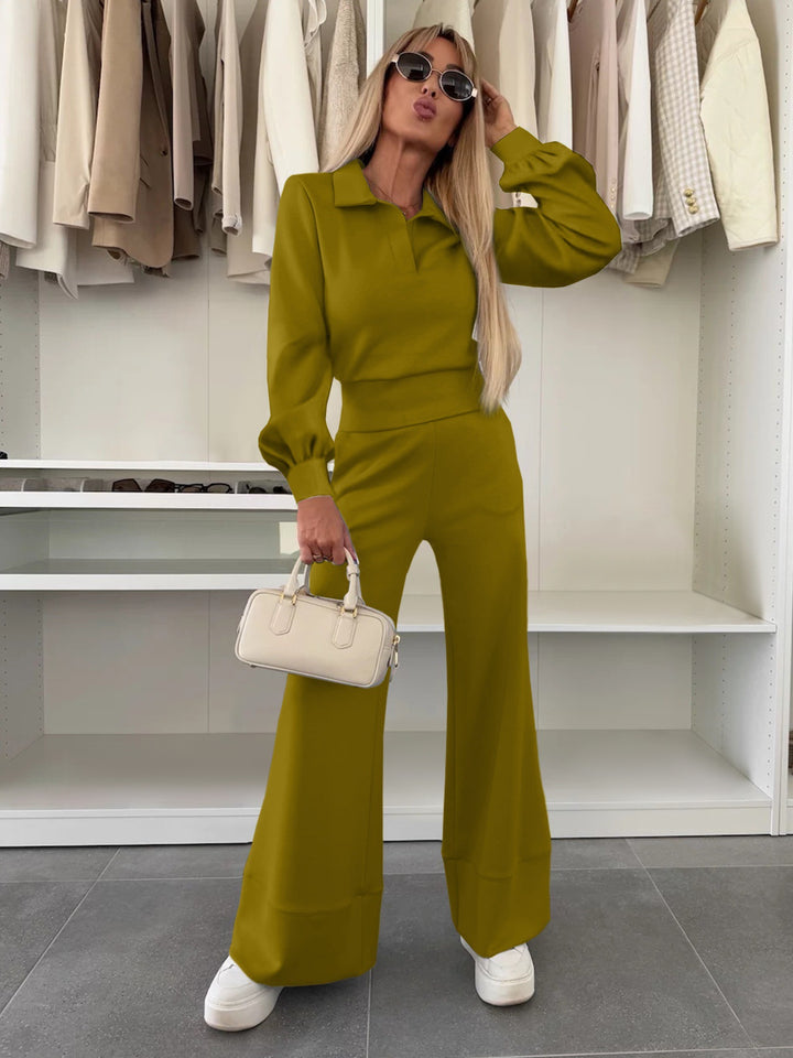 Damen Zweiteiliges Lounge-Set mit Polokragen und taillenhoher Palazzohose Drune