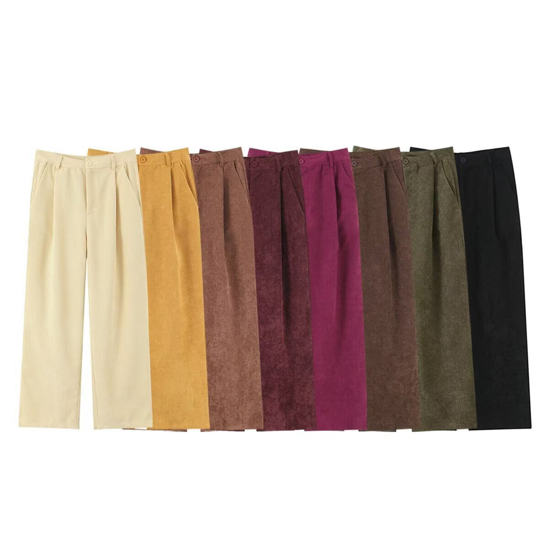 Damen Hochtaillierte Cordhose mit weitem Bein und Bundfalten Drune