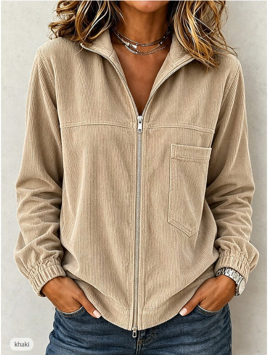 Damen Cordjacke mit Reißverschluss, Stehkragen und aufgesetzter Brusttasche Drune