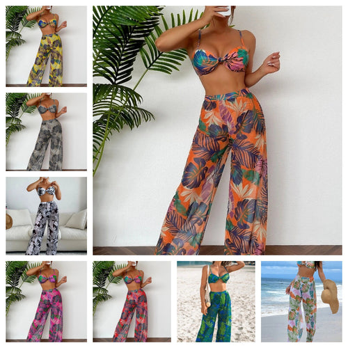 Damen Badeset mit floralem Design und lockeren Palazzohosen Drune