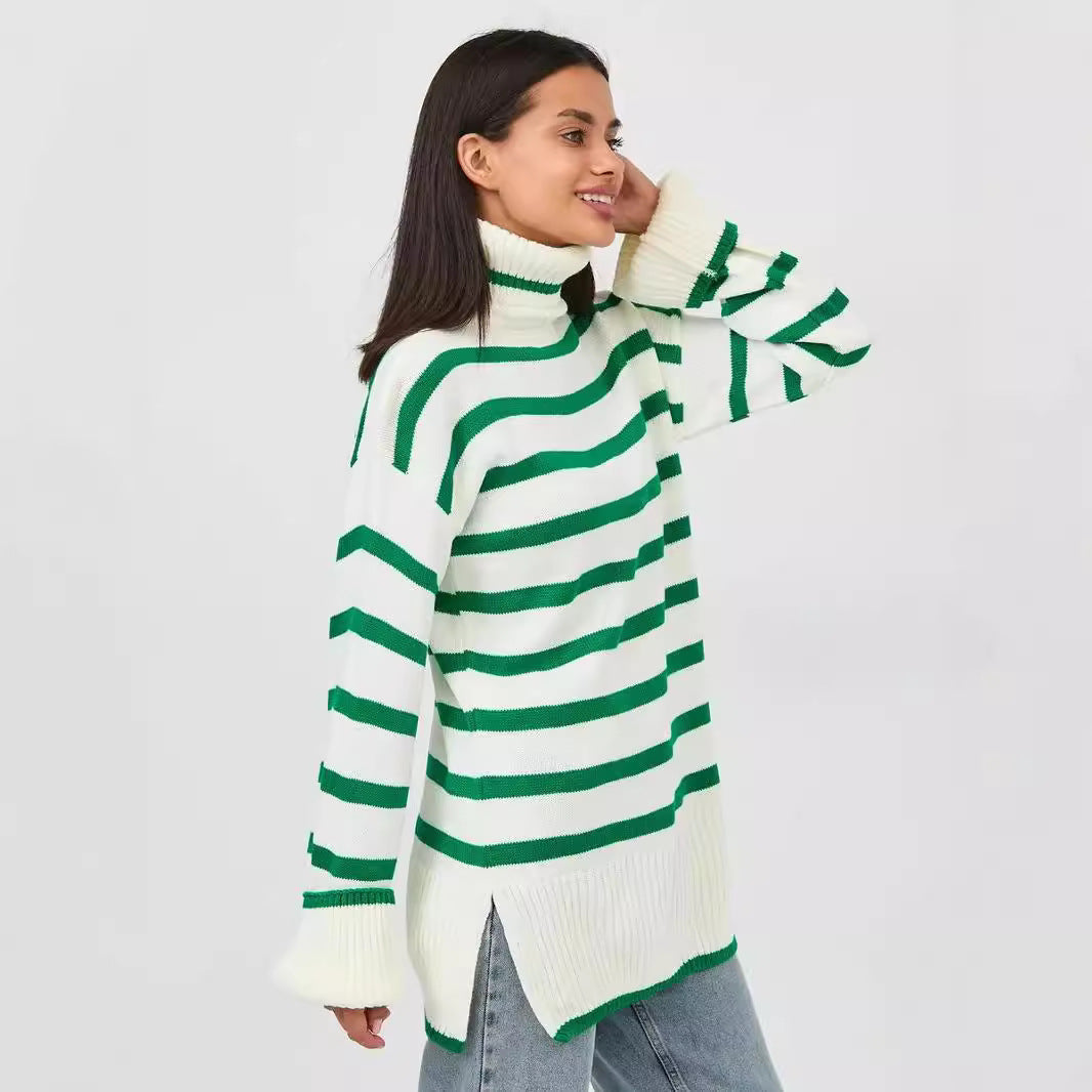 Damen gestrickter Rollkragenpullover mit modernem Streifenmuster und weitem Schnitt Drune
