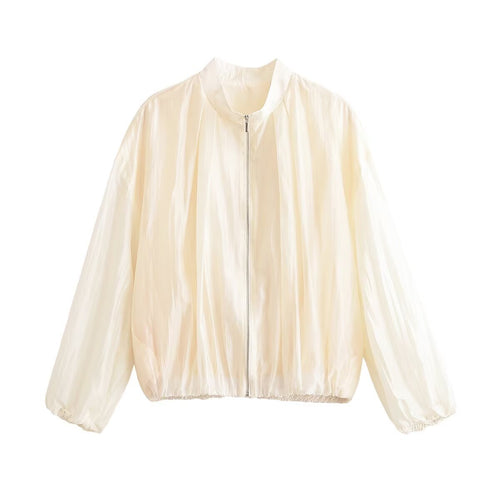 Damen Leichte transparente Cropped Bomberjacke aus seidig glänzendem Material mit Reißverschluss Drune