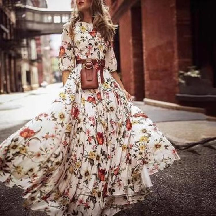 Damen Maxikleid mit floralem Design und voluminösen Ärmeln Drune