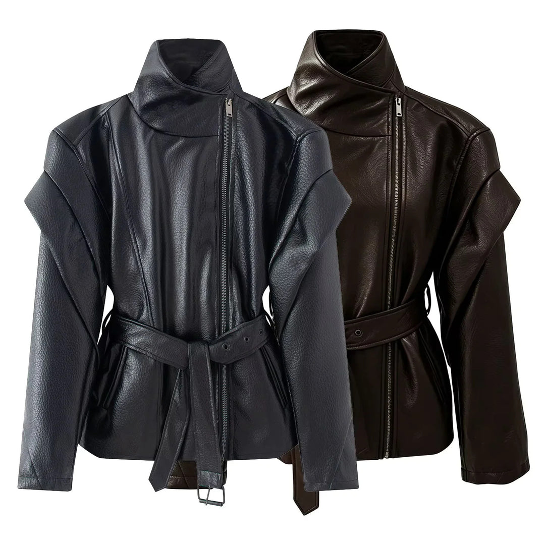 Damen nan taillierte Kunstlederjacke mit asymmetrischem Reißverschluss, hohem Stehkragen und Bindegürtel Drune