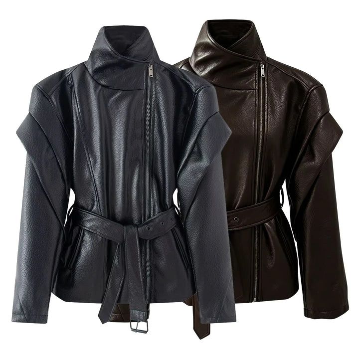 Damen nan taillierte Kunstlederjacke mit asymmetrischem Reißverschluss, hohem Stehkragen und Bindegürtel Drune
