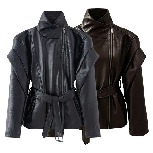 Damen nan taillierte Kunstlederjacke mit asymmetrischem Reißverschluss, hohem Stehkragen und Bindegürtel Drune
