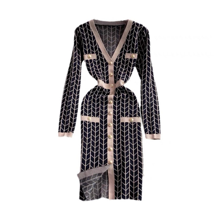 Damen Strickkleid mit Knopfdetaillierung und V-Ausschnitt Drune