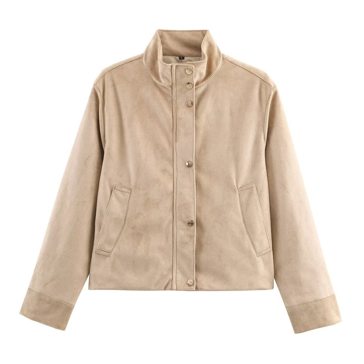 Damen Kurze Wildlederoptik-Jacke mit Stehkragen und Druckknopfleiste Drune