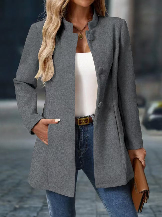 Damen Stehkragenmanteljacke mit verdeckter Knopfleiste und seitlichen Taschen Drune