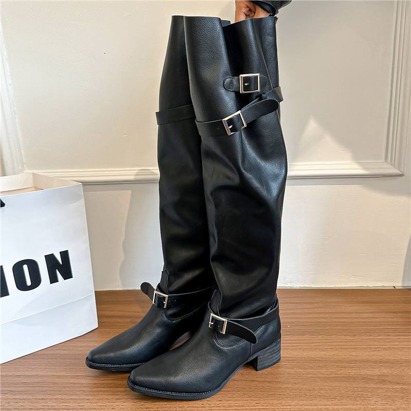 Damen Kniehohe Stiefel im Reiterstil mit verstellbaren Schnallen Drune