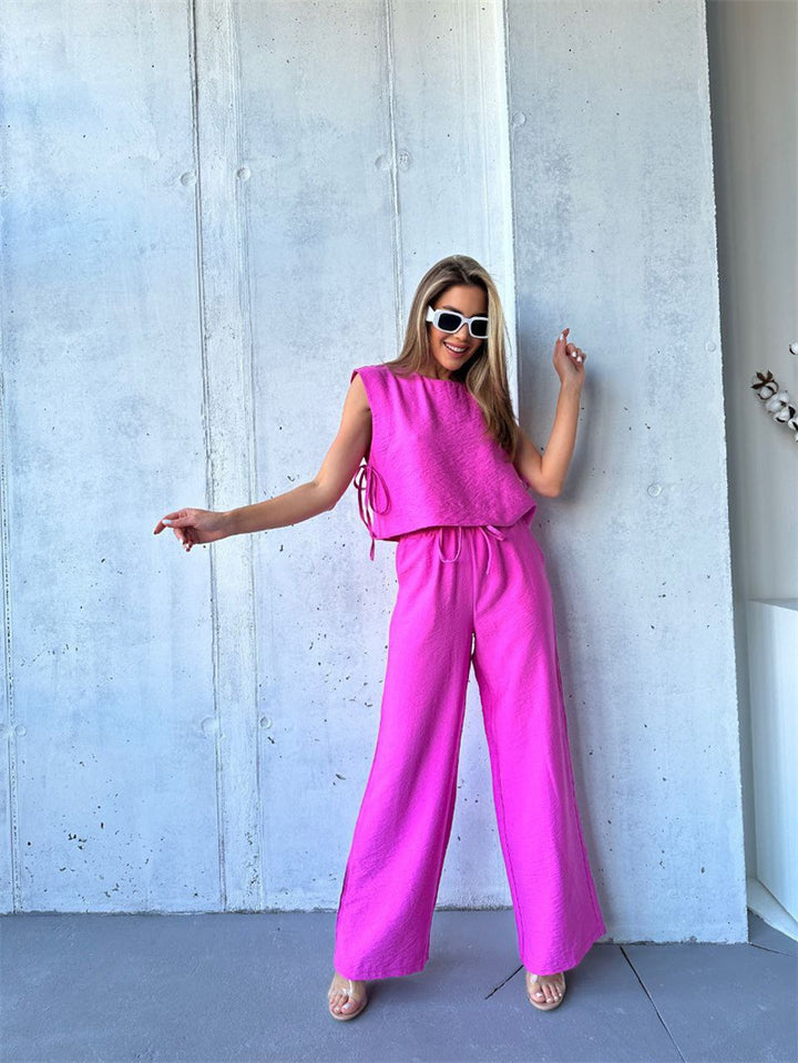 Damen weitbeiniger Jumpsuit mit geschichtetem Oberteil und Kordelzug Drune