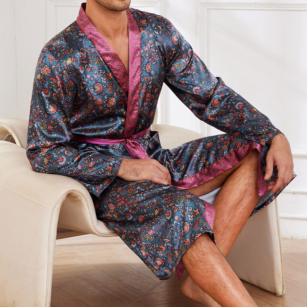 Herren Satin Morgenmantel mit auffälligem Muster und Taillengürtel Drune