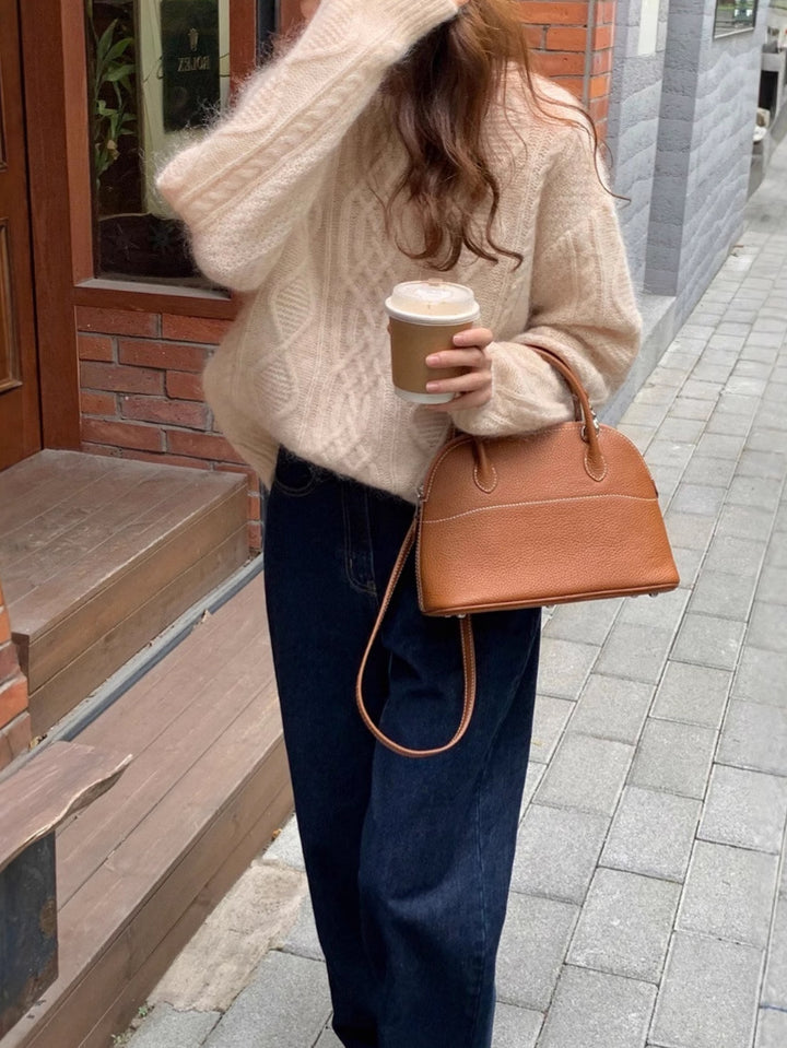 Damen strukturierte Leder‑Handtasche mit abnehmbarem Schulterriemen und gerundeter Korpusform Drune