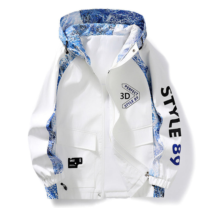 Herren Leichter Kapuzen-Windbreaker mit Camouflage-Akzenten & Grafikprint Drune