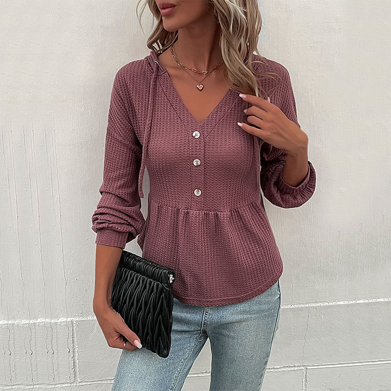Damen Waffelstrick-Hoodie-Bluse mit V-Ausschnitt, Knopfleiste und geraffter Taillenpasse Drune