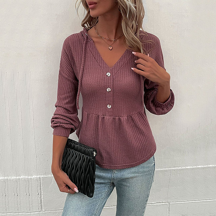 Damen Waffelstrick-Hoodie-Bluse mit V-Ausschnitt, Knopfleiste und geraffter Taillenpasse Drune