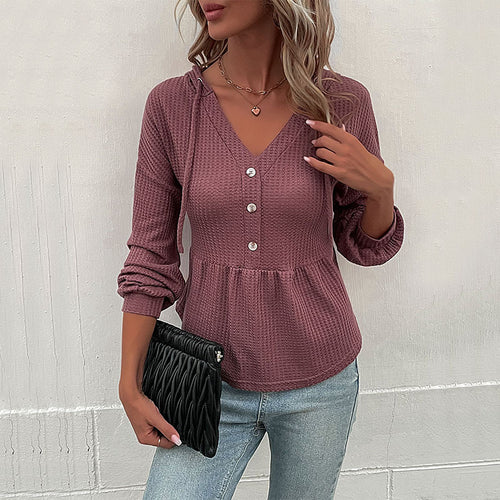Damen Waffelstrick-Hoodie-Bluse mit V-Ausschnitt, Knopfleiste und geraffter Taillenpasse Drune