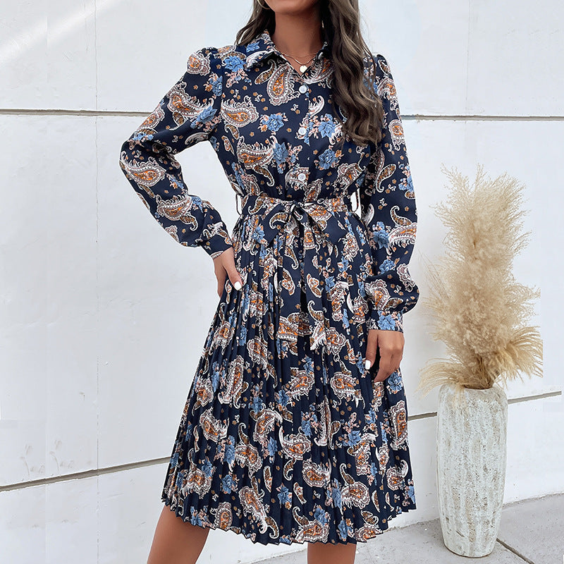 Damen Hemdblusenkleid mit Paisley-Print, Taillenschärpe und Plissee-Rock Drune