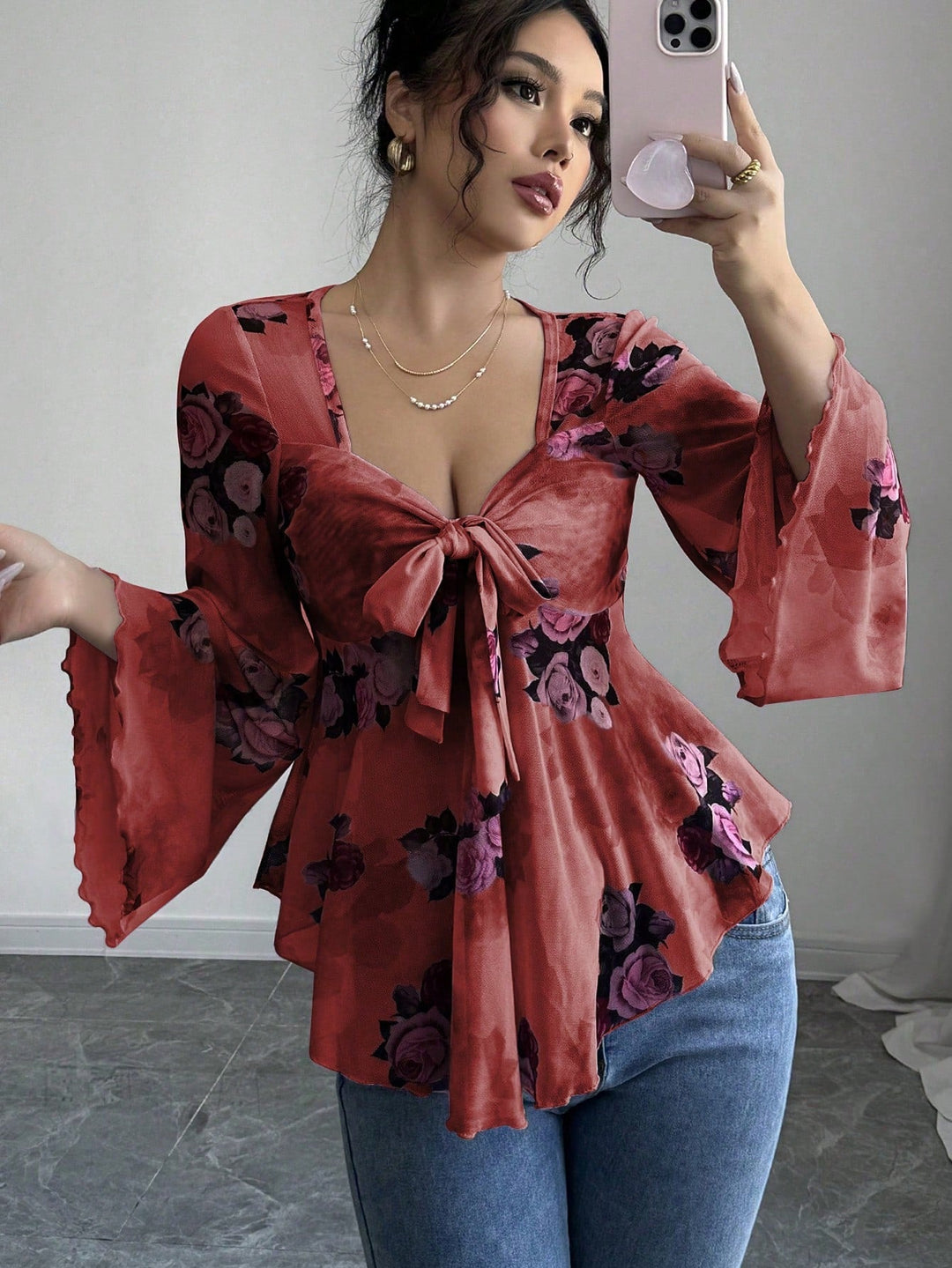 Damen luftige Bluse mit Blumenmuster Drune