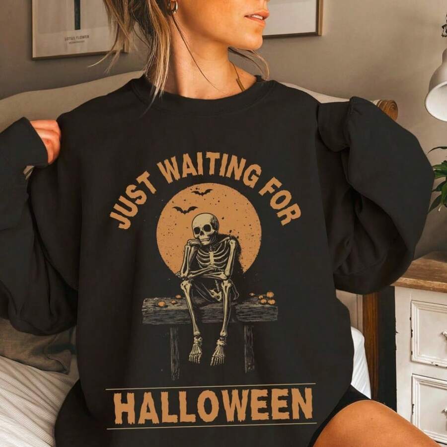 Damen nan Oversize-Sweatkleid mit Halloween-Skelettprint, weichem Baumwollmix und geripptem Rundhalsausschnitt Drune