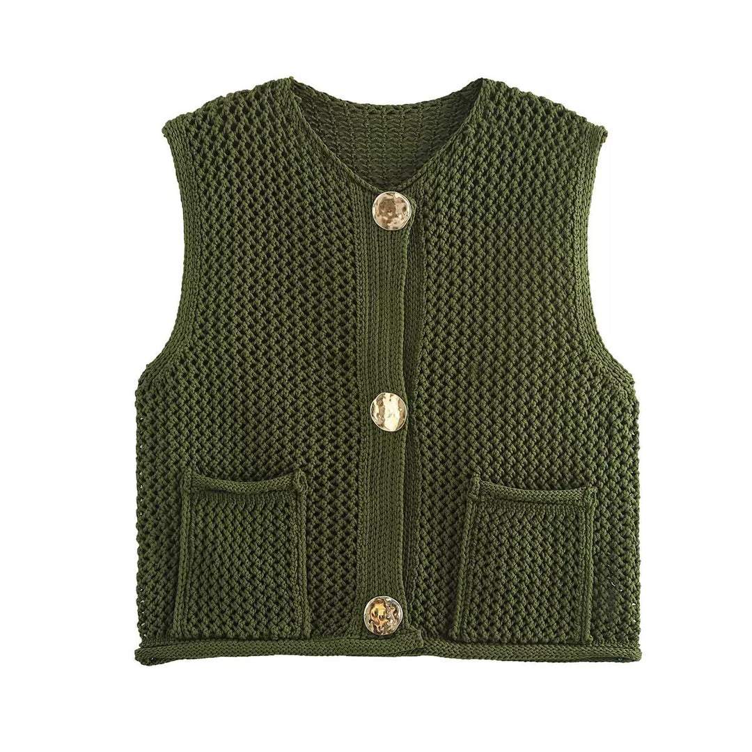 Damen gehäkelte Strickweste mit großen Zierknöpfen und Aufsatztaschen Drune