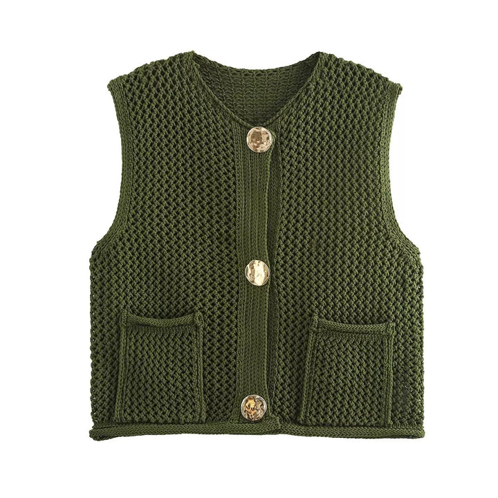 Damen gehäkelte Strickweste mit großen Zierknöpfen und Aufsatztaschen Drune
