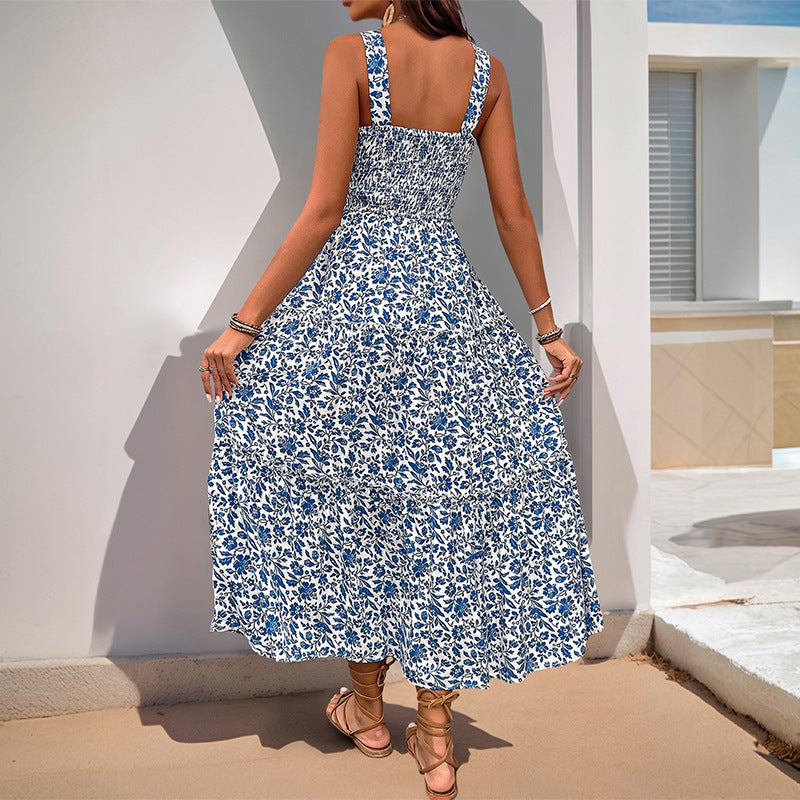 Damen Maxikleid mit floralem Muster und elastischem Taillengürtel Drune