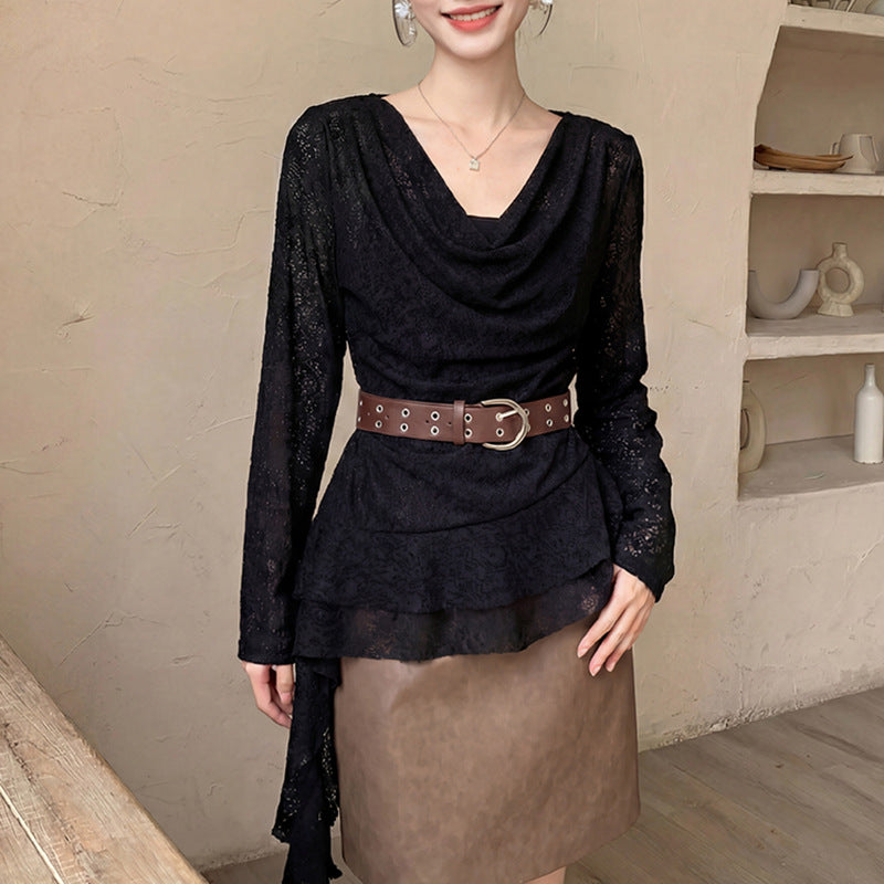 Damen nan drapiertes Spitzen-Top mit asymmetrischem Zipfelsaum und Taillengürtel Drune