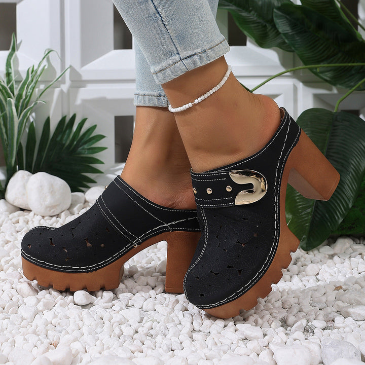 Damen modische Clogs mit perforiertem Design und elegantem Blockabsatz Drune