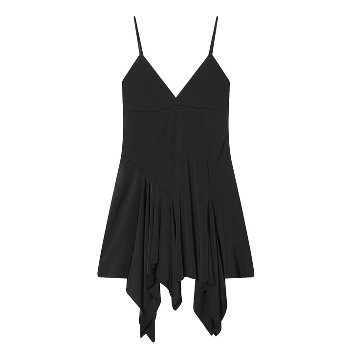 Damen fließendes Spaghetti-Trägerkleid mit asymmetrischem Saum und elegantem Faltenwurf Drune