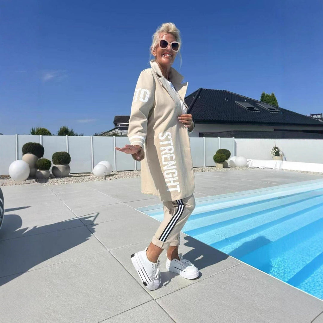 Damen lässiger Trenchcoat mit modischen Streifen und stylischem Schriftzug Drune