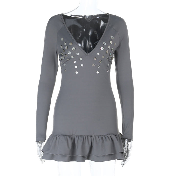 Damen figurbetontes Langarm-Minikleid mit tiefem V-Ausschnitt, Paillettenapplikation und Volant-Saum Drune