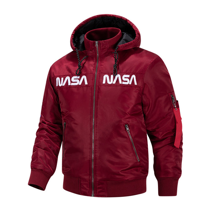 Herren  Kapuzen glänzende Mikroschalen Astronaut-inspirierte Bomberjacke mit gesteppter thermischer Fütterung und Ärmeltasche Drune
