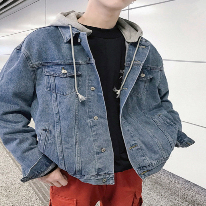 Herren lässige Denimjacke mit abnehmbarer Kapuze Drune