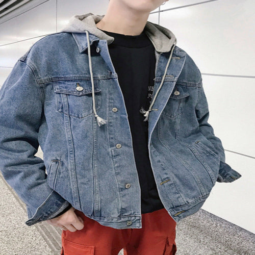 Herren lässige Denimjacke mit abnehmbarer Kapuze Drune