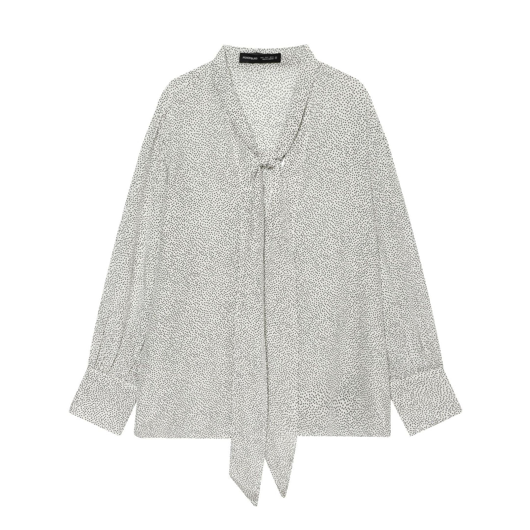 Damen nan gepunktete Bindeschal-Bluse mit V-Ausschnitt, Knotenband und legerem Fall Drune