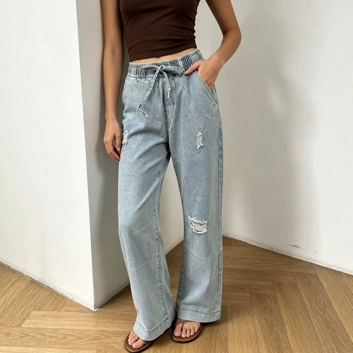 Damen nan weite Denimhose mit elastischem Kordelbund, Used-Effekten und lockerer Passform Drune