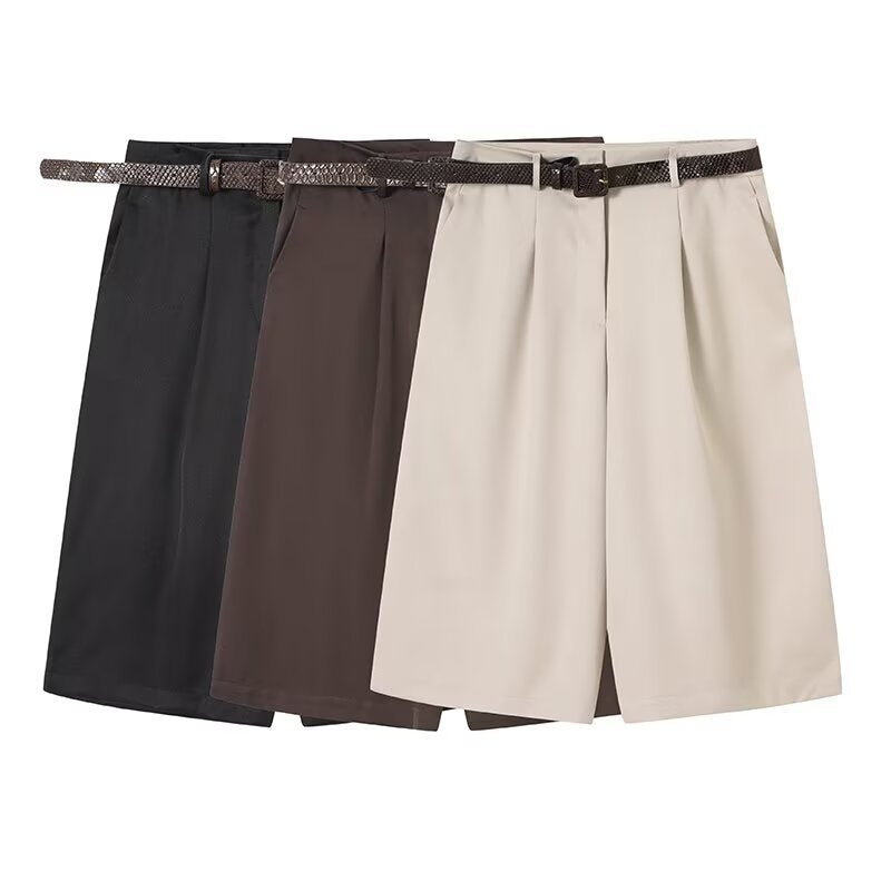 Damen elegante Hochwasser-Shorts mit geflochtenem Gürtel Drune