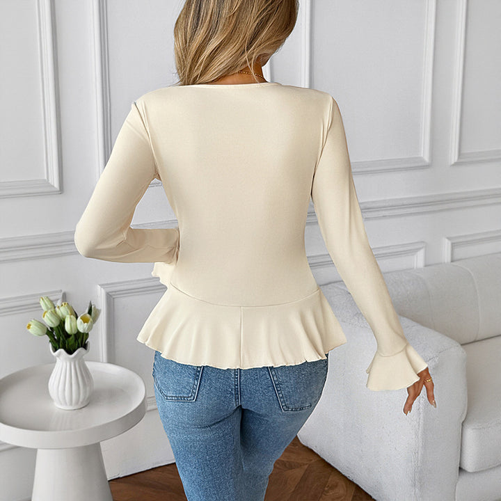 Damen Chiffon-Volantbluse mit Knopfleiste, Tailliertem Schößchen und Rüschenkragen Drune