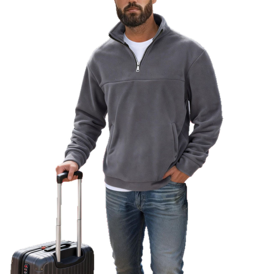 Herren warmer Fleece-Halbzip-Pullover mit Stehkragen, Kängurutasche und Relaxed Fit Drune