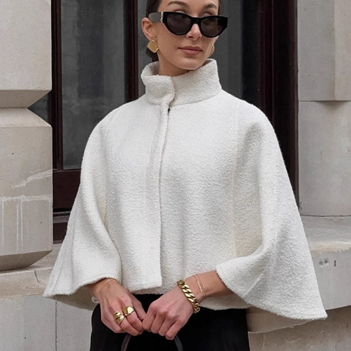 Damen Oversized Wollcape mit hohem Kragen und Knopfdetail Drune