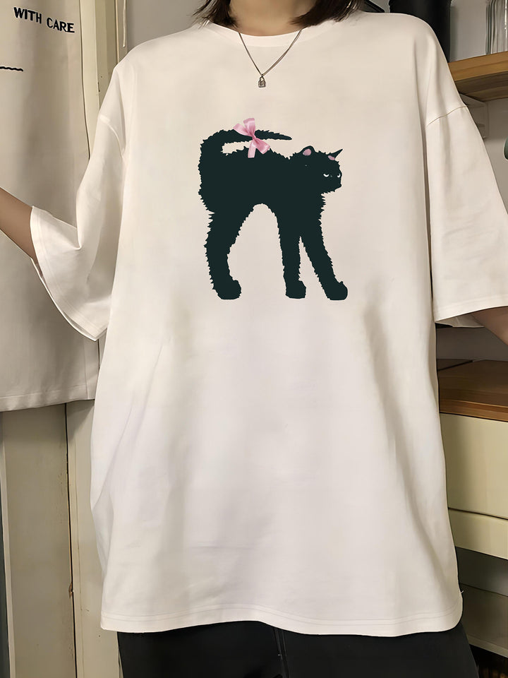 Damen T-Shirt mit kreativem Katzenmotiv und verspielter Schleife Drune