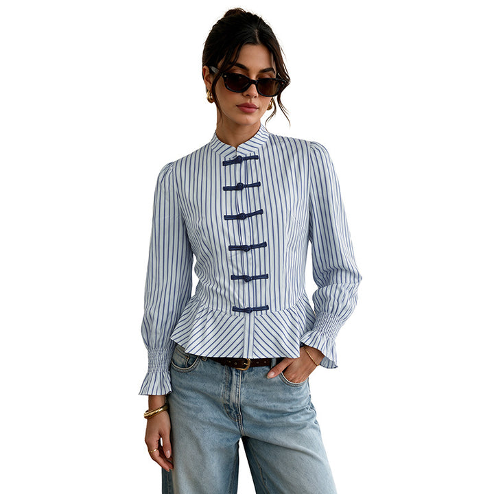 Damen Elegante Bluse mit Rüschendetails und Streifen Drune